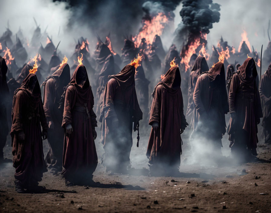 Dark landscape with ominous robed figures and flaming heads