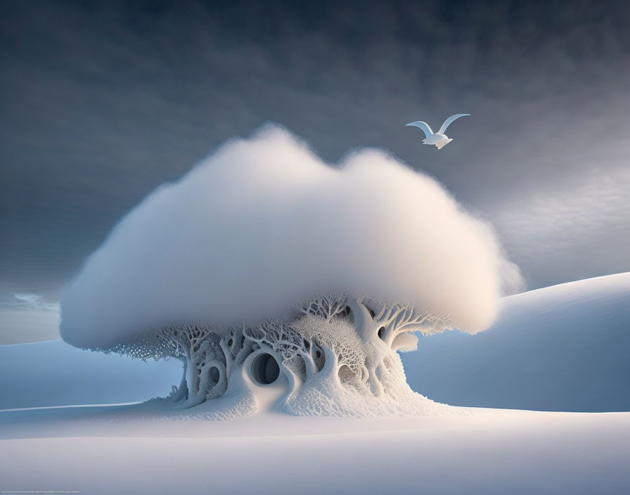 Surreal winter scene with tree-like cloud support and flying bird