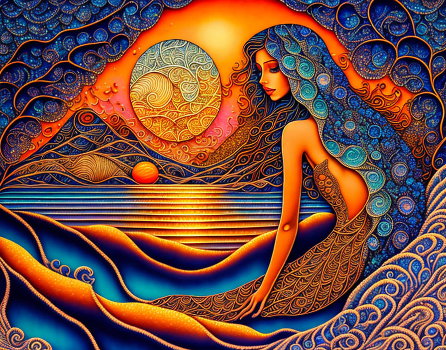 Surrealist artwork: Stylized woman with flowing hair in intricate celestial setting