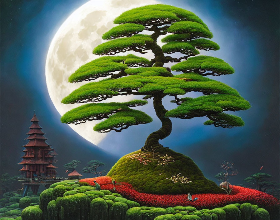 Fantastical landscape with bonsai tree, temple, cranes, and full moon