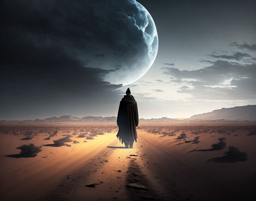 Cloaked figure walking on desert dune under large moon