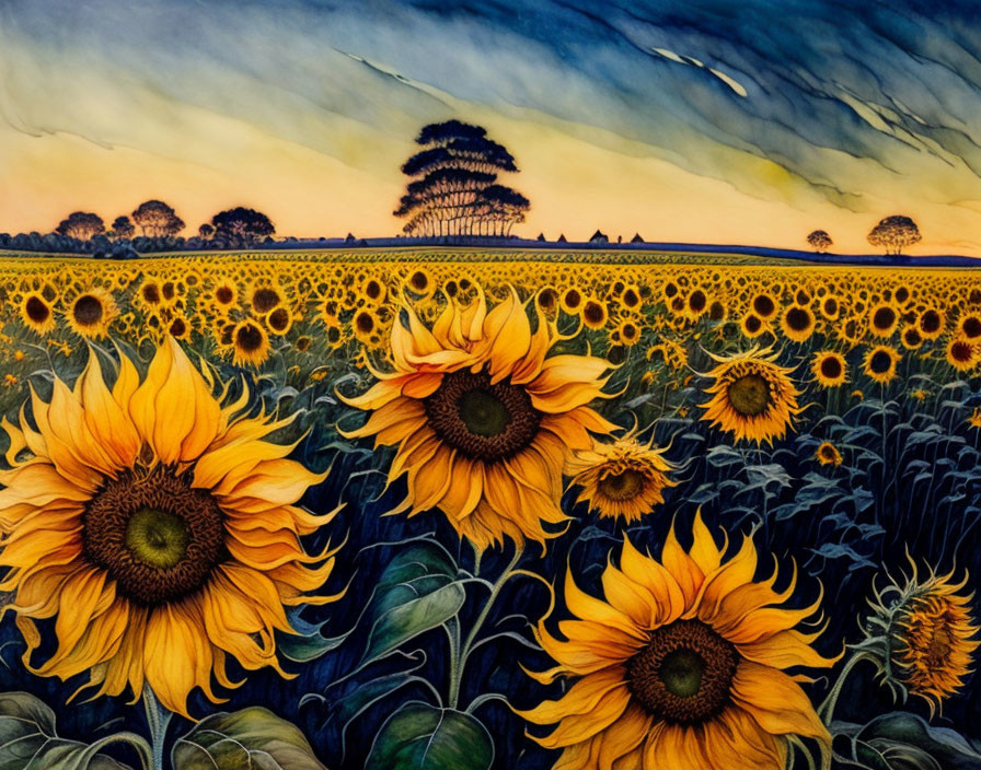 Vibrant painting of sunflowers under dramatic sky.