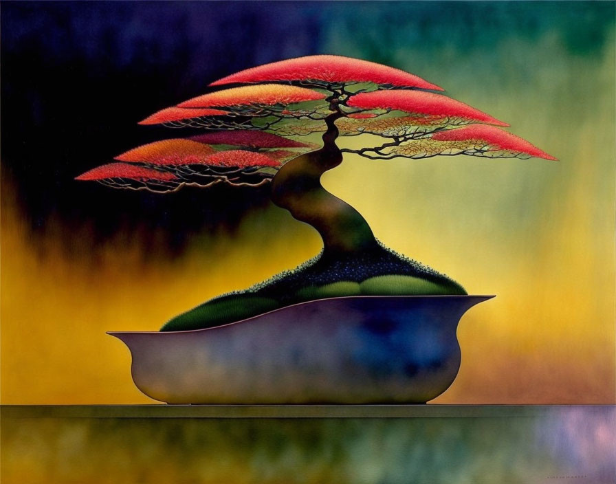 Surreal painting of tree with red foliage on floating vessel in yellow-green background