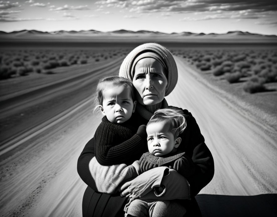 Monochrome image of woman with two children in desert landscape