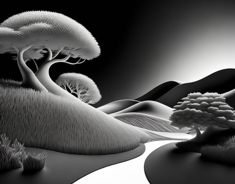 Surreal monochromatic landscape with fluffy trees and rolling hills