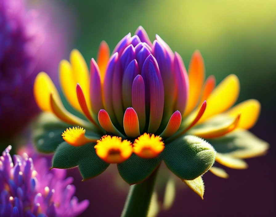 Colorful flower with purple-tipped yellow petals on soft green and purple backdrop