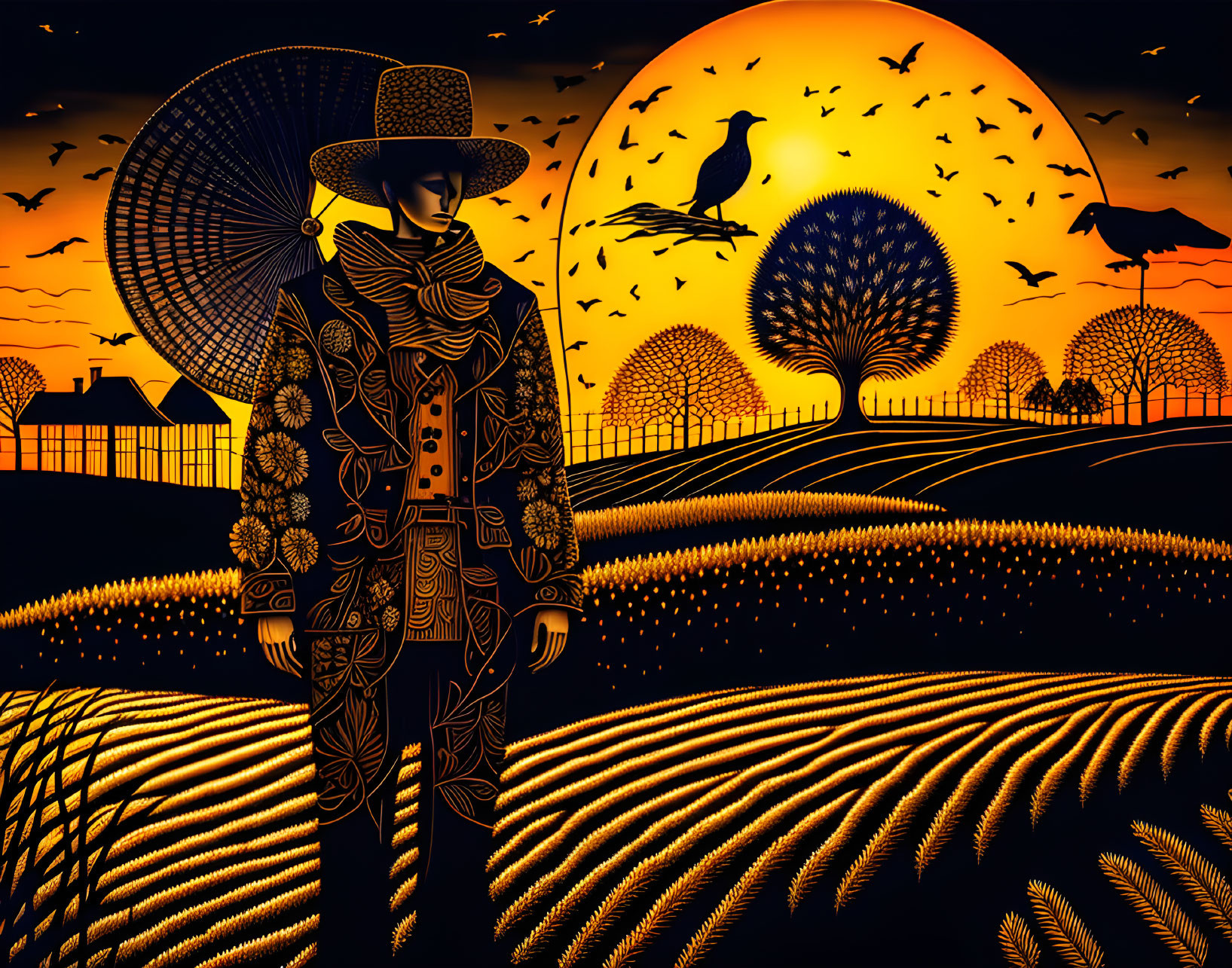 Stylized sunset scene with person in patterned clothing and birds in orange and black tones