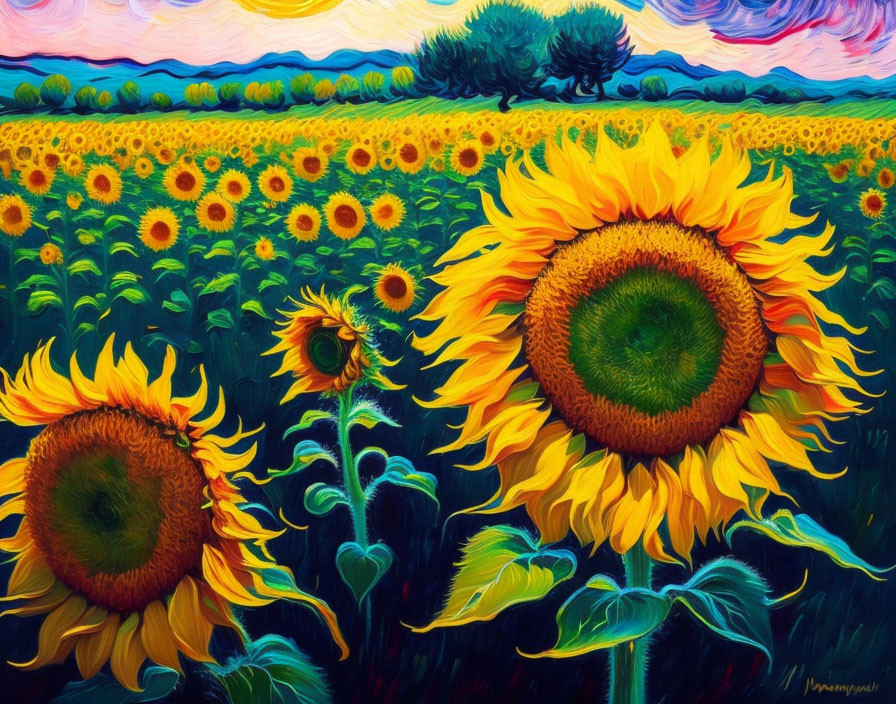 Colorful painting of oversized sunflowers in lush field with swirling sky