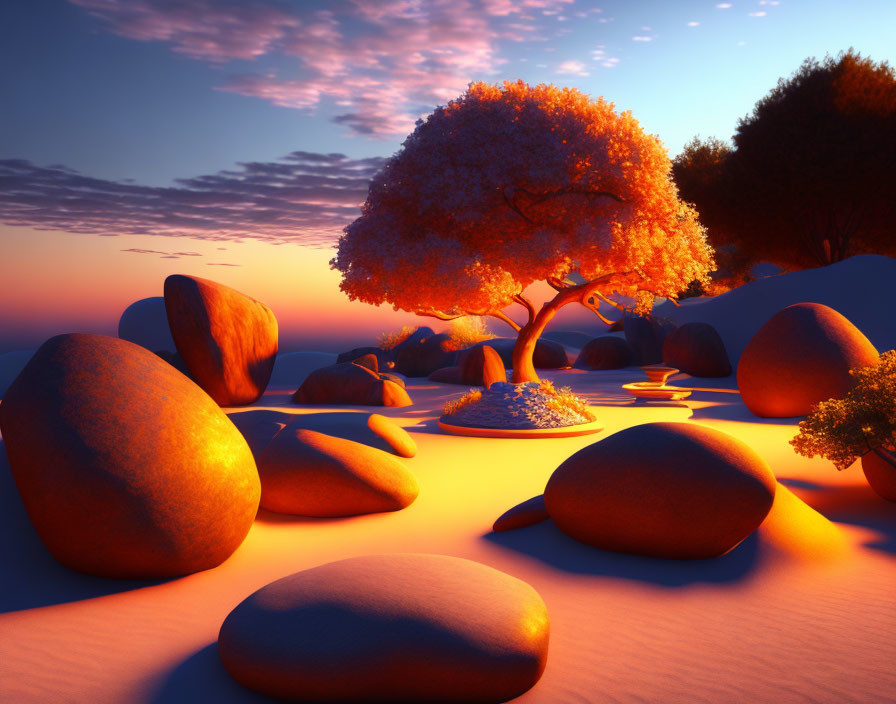 Tranquil twilight landscape with smooth rocks, vibrant tree, and warm glowing light