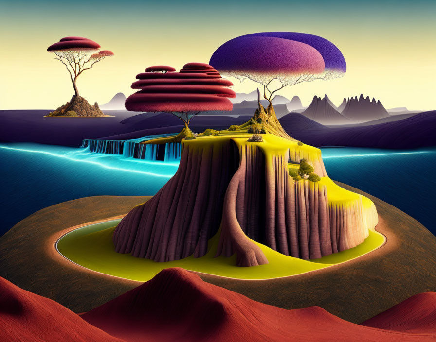 Vibrant surreal landscape with stylized trees and waterfalls