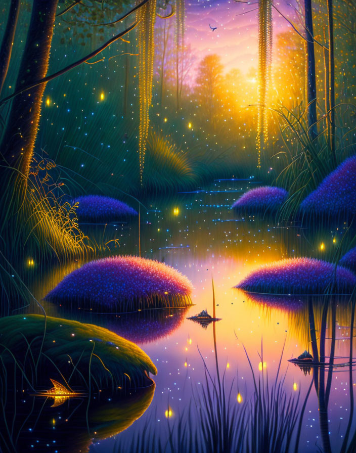 Twilight forest scene with blue grass, fireflies, river, and glowing sky