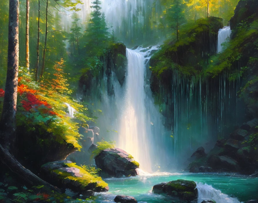 Forest waterfall illuminated by sunlight in serene pond