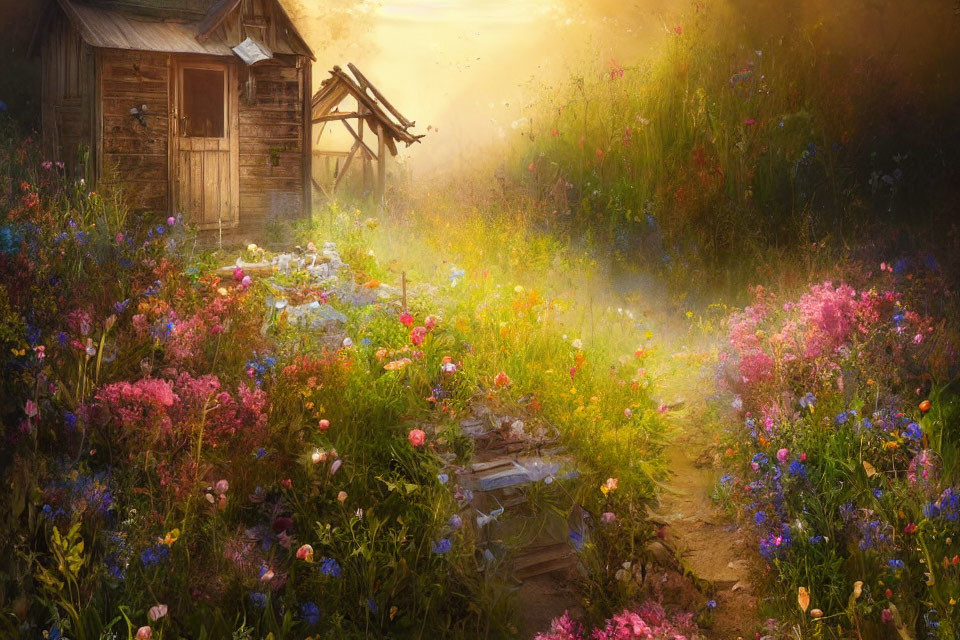 Idyllic Cottage in Vibrant Flower Field under Golden Sunlight