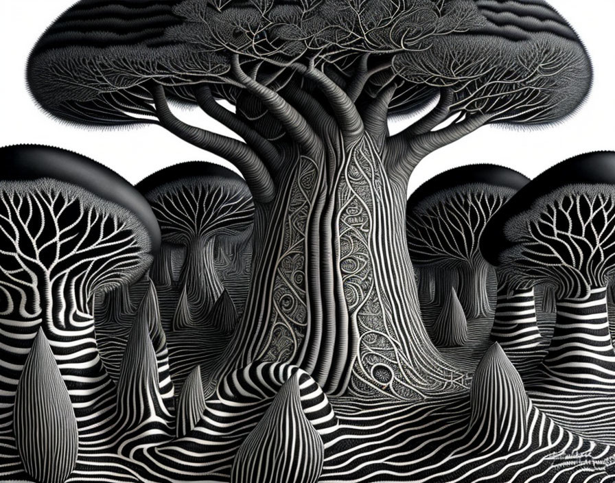 Detailed Black and White Surreal Tree Illustration on Striped Landscape