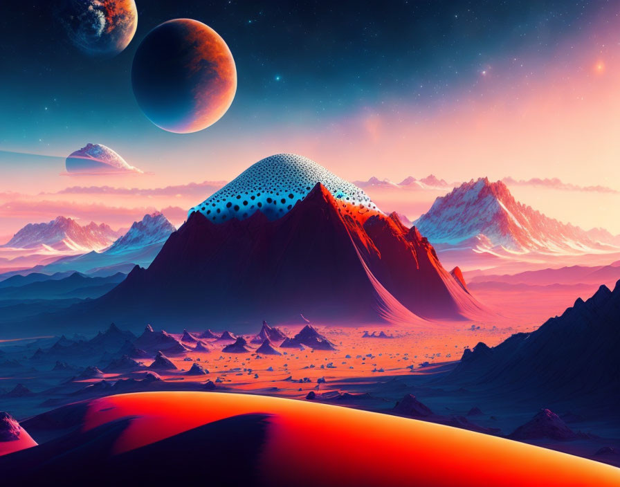 Majestic mountains in vibrant sci-fi landscape