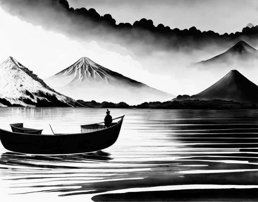 Monochrome image of person in boat on calm water with mountains in background