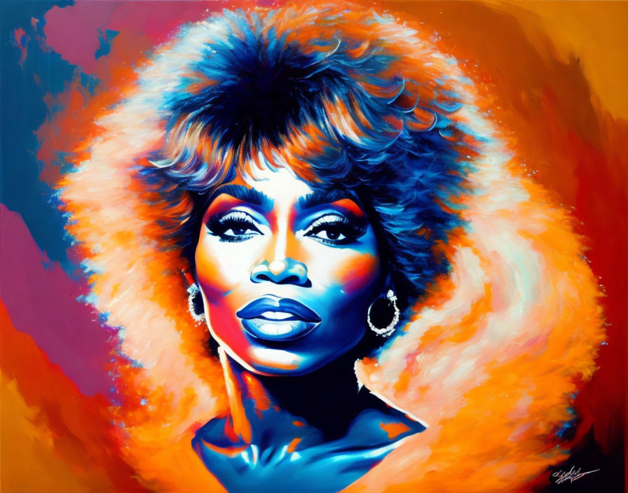 Colorful portrait of woman with afro hair in warm oranges, blues, and yellows.