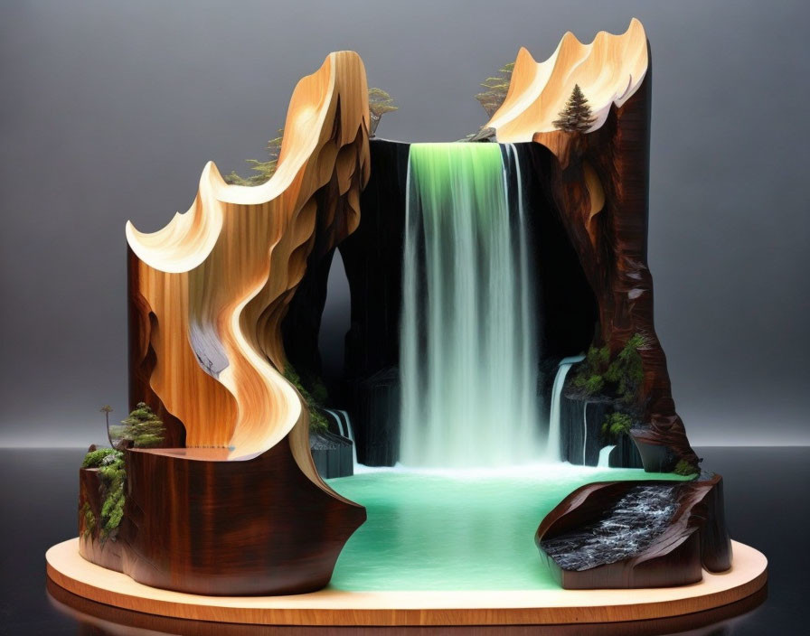 Serene waterfall wooden sculpture with trees and cliffs