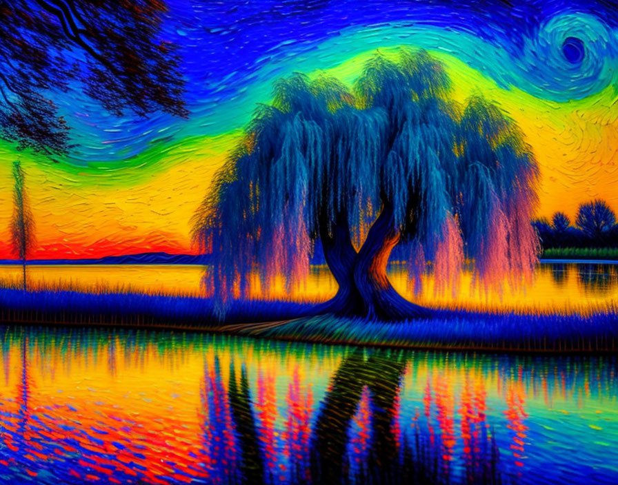 Vibrant impressionist painting: Weeping willow by reflective water at sunset