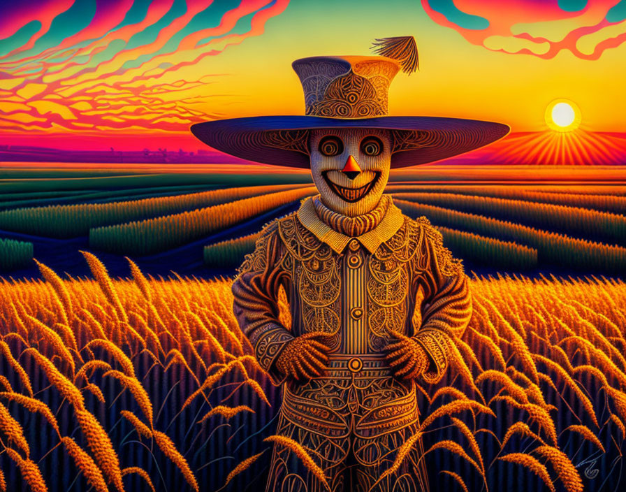 Smiling scarecrow in hat in vibrant wheat field at sunset