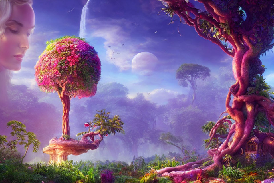 Fantasy landscape with giant ethereal face, lush greenery, twisted trees, small house, celestial