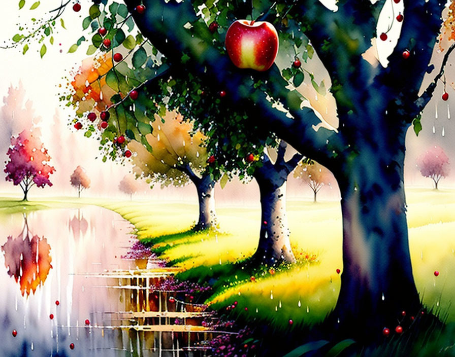 Colorful Apple Tree Painting by Reflective Water Body