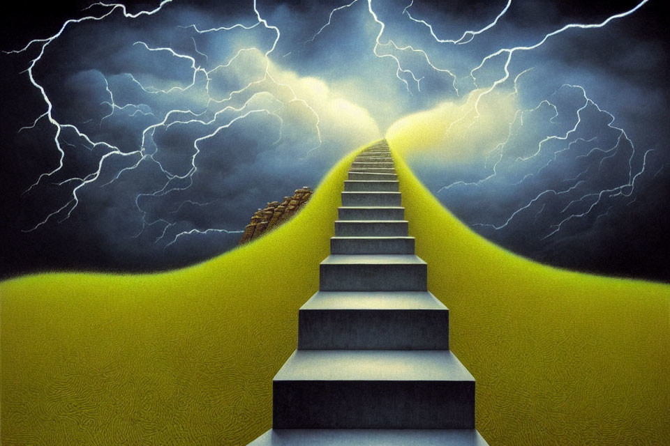 Surreal staircase under stormy sky in textured yellow field