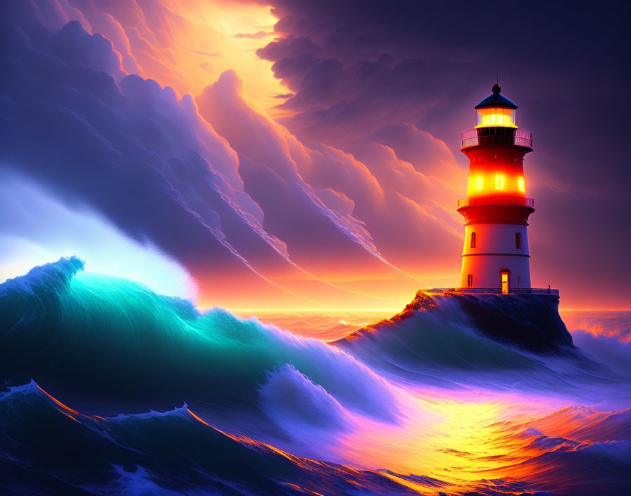 Dramatic sky with vivid lighthouse and turbulent sea at sunrise or sunset