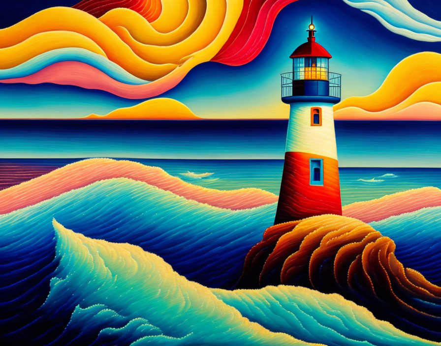 Colorful Lighthouse Artwork with Swirling Sea and Sky