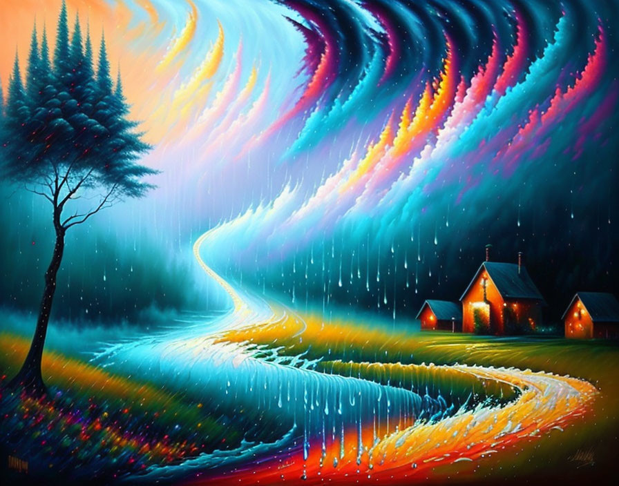 Colorful Night Scene with Aurora, Cabin, and Fantasy Landscape