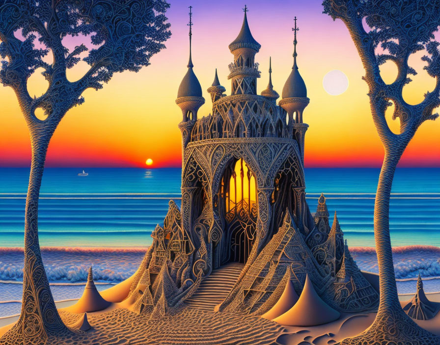 Intricate sandcastle with towers on beach at sunset