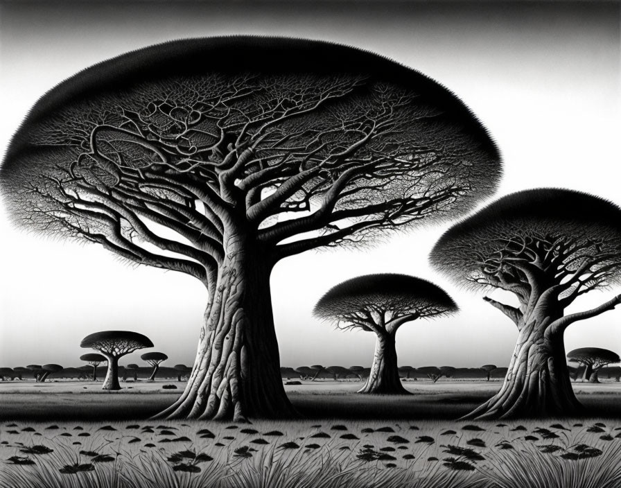 Surreal monochrome savanna with umbrella-shaped trees