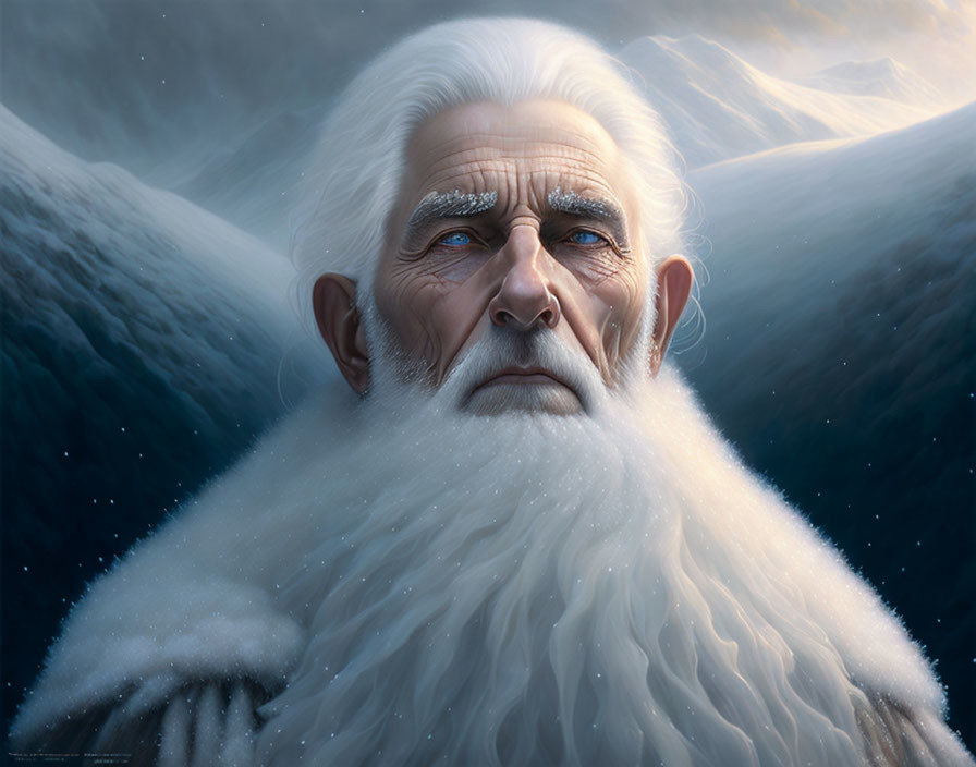 Elderly man with white beard and blue eyes against misty mountains