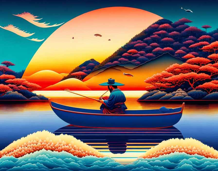 Colorful artwork: person in boat with autumn trees, mountains, birds, and setting sun