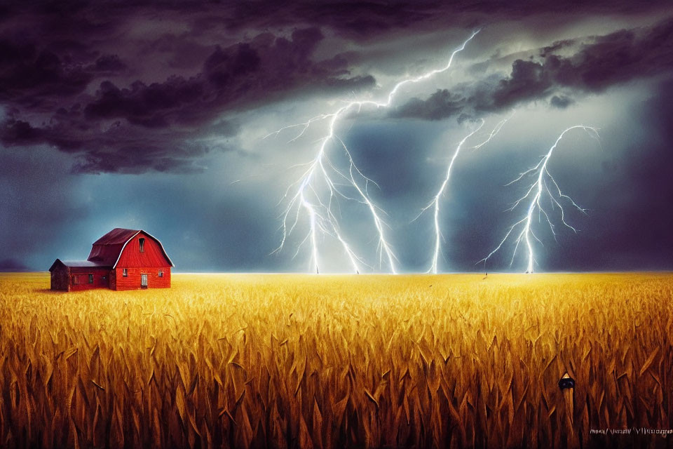 Red Barn in Golden Wheat Field During Storm with Lightning Strikes