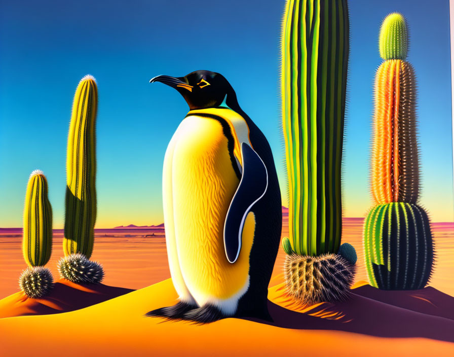 Penguin in desert landscape with cacti and orange-blue hues