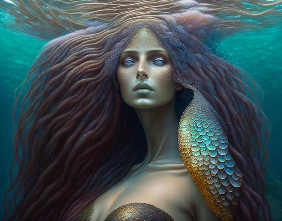 Mermaid with Golden Scales in Deep Sea Environment