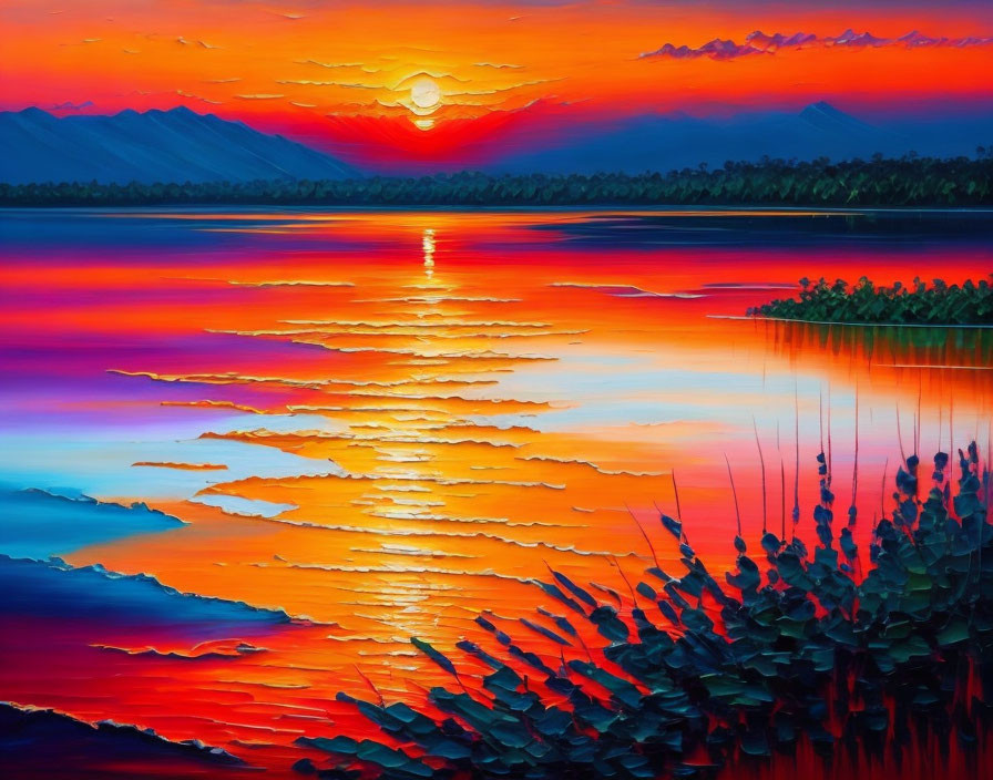 Scenic sunset painting over lake with mountain silhouette & foliage.