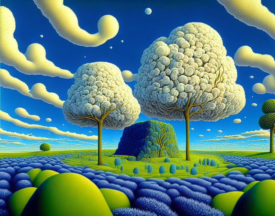 Surreal landscape with fluffy cloud-like trees, green hills, and patterned blue ground