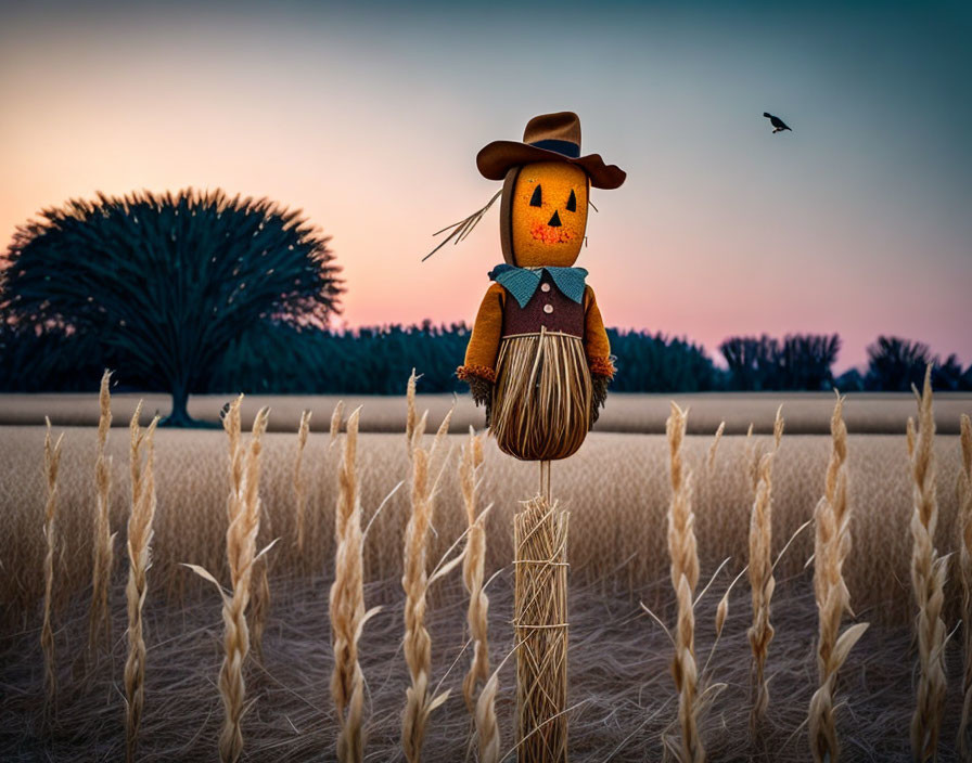 Scarecrow with Jack-o'-lantern Head on Fence Post in Wheat Field at Dusk