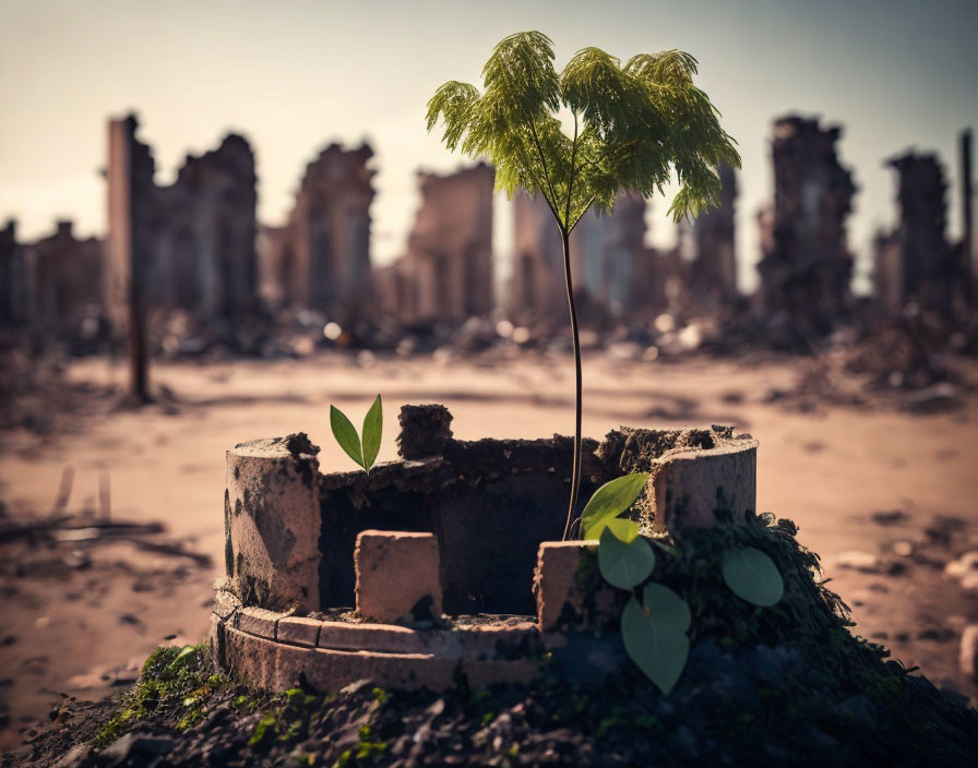 Green sapling and heart-shaped leaves amidst ruins and hazy sky