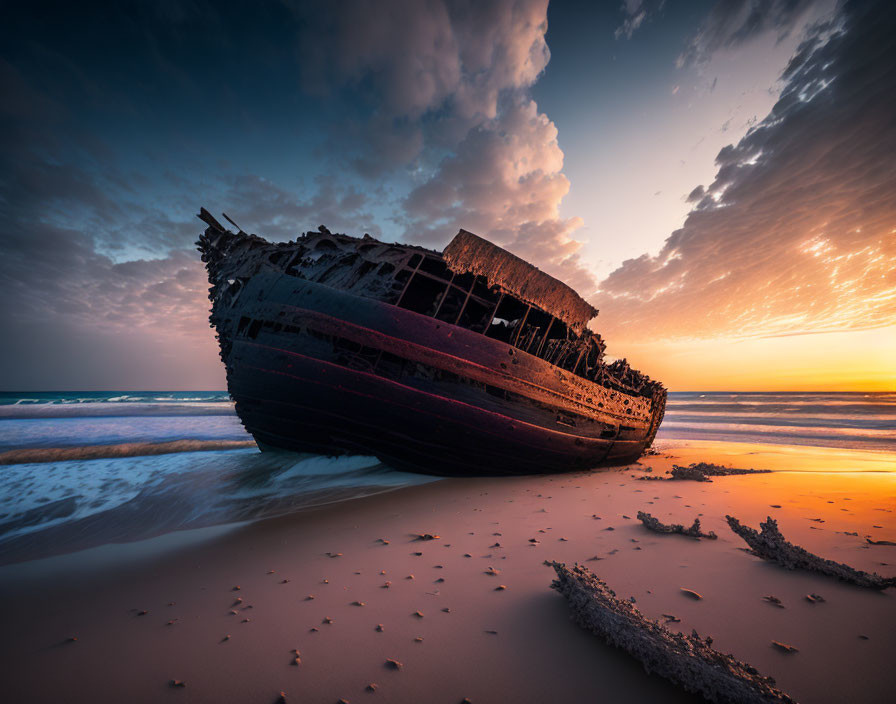 Decaying shipwreck on sandy beach at dramatic sunset