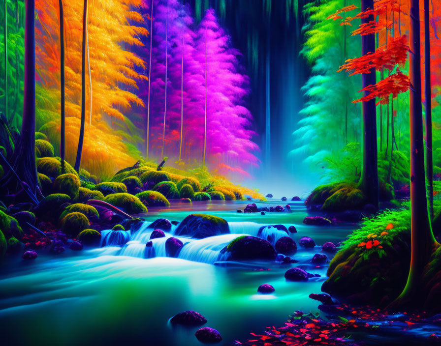 Surreal neon-colored forest with river and glowing stones