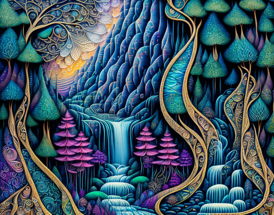 Colorful mystical forest with waterfall and intricate patterns in blue and purple