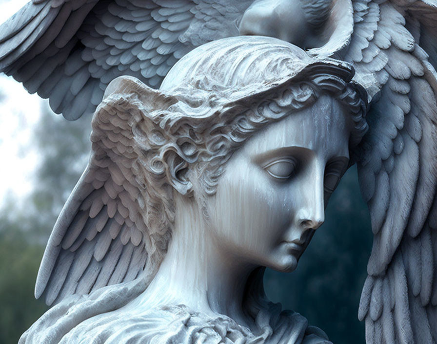 Intricate Angel Sculpture with Serene Expression and Detailed Wings