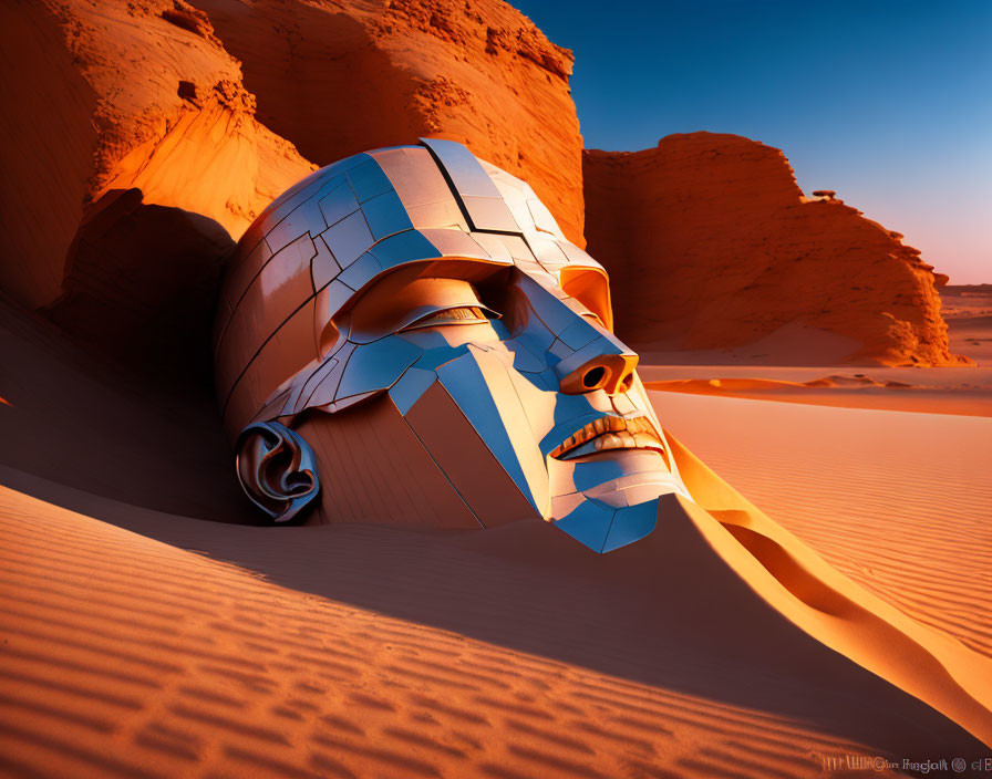 Weathered humanoid head and torso sculpture half-buried in desert sands