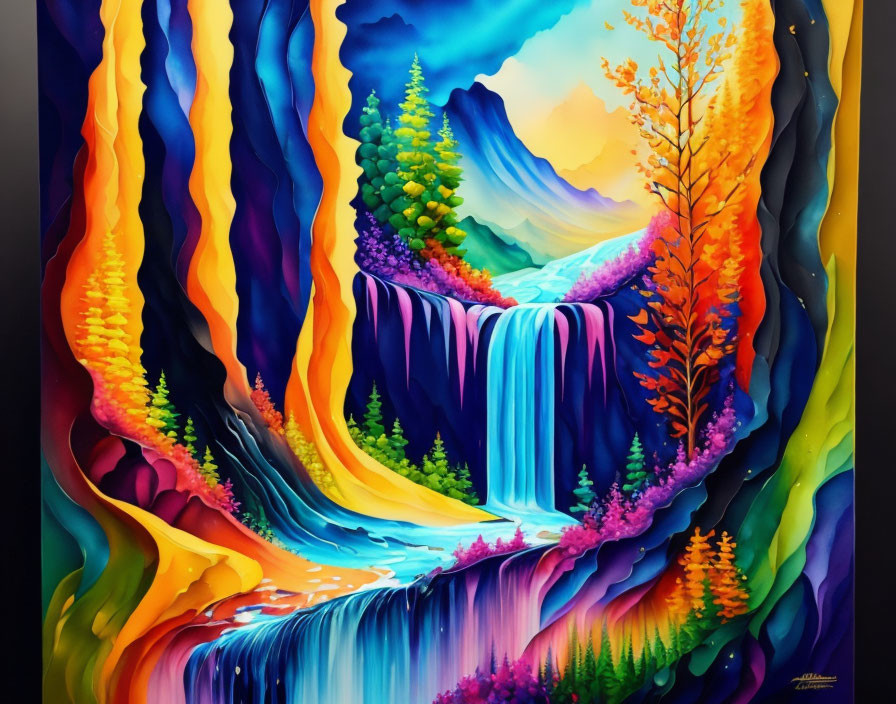 Colorful surreal landscape with cascading waterfall & whimsical trees