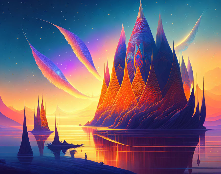 Futuristic cityscape with pyramid structures and starry sky