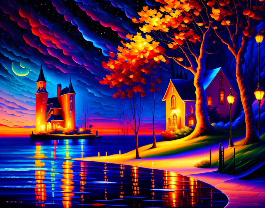 Colorful night scene with lit castle, autumn trees, and starry sky