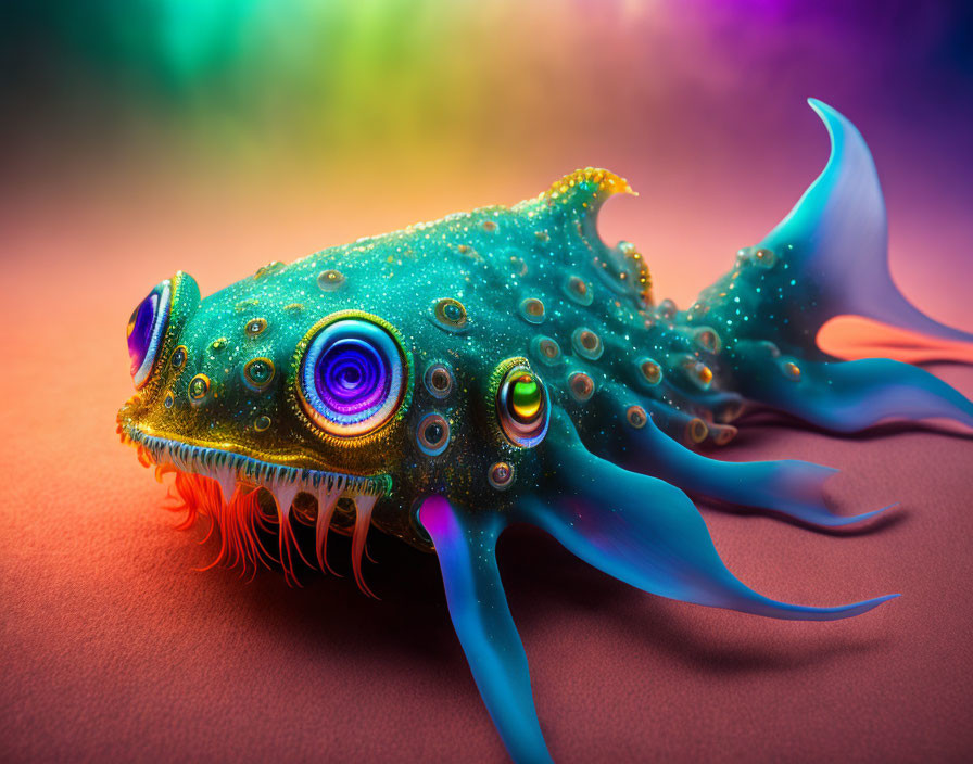 Vibrant surreal creature with fish and cephalopod traits on gradient background